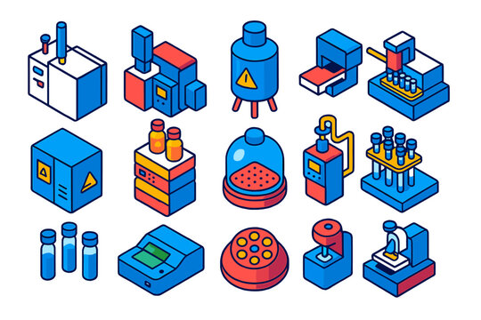 Colorful Chemistry Icons. Isometric vector illustration set Chemistry with lab equipment and tools: gas chromatography unit, mass