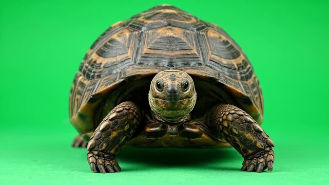 Close-up of a tortoise walking slowly on a vibrant green background.