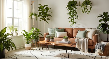 Fototapeta premium Sunlit interior boasting an abundance of houseplants and cozy textiles