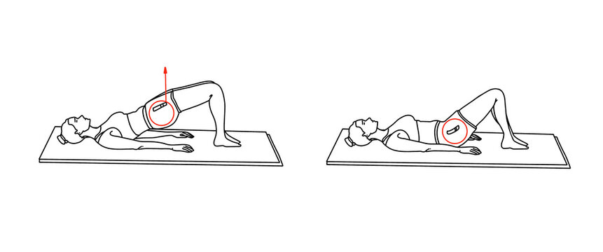 Mini illustrator Woman performing a glute bridge exercise while lying on her back on a mat  Fitness workout for buttocks and legs Illustration and vector.