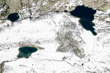 Drone view of the three lakes of Campagneda, Valmalenco landscape, Italy