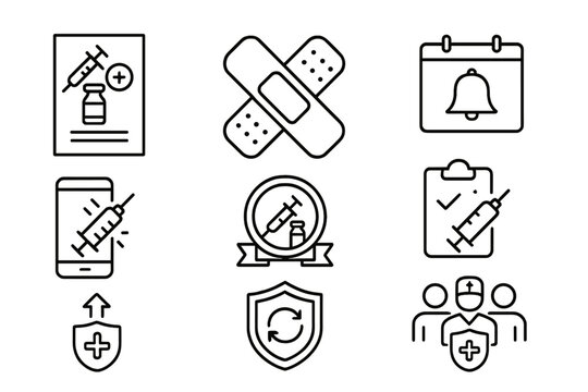 Vaccine Icons Collection. Line style icons of vaccine booster campaigns: extra dose poster, double bandage icon, immunization