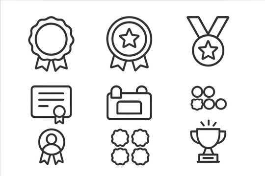 Line Style Icons. Line style icons of badges and certificates: bronze badge, silver award, golden medal, completion certificate,