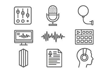 Podcast Tools Icons. Line style icons of podcast production tools: audio mixer, recording mic, pop filter, editing software screen