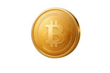 Shiny golden bitcoin cryptocurrency coin with a prominent b symbol isolated on transparent background