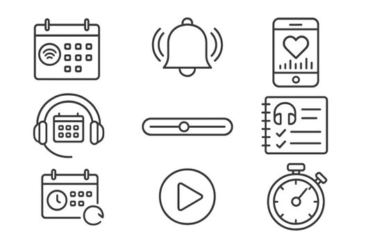 Podcast Icon Set. Line style icons of podcast time management: episode calendar, reminder alert, listening habit tracker, daily