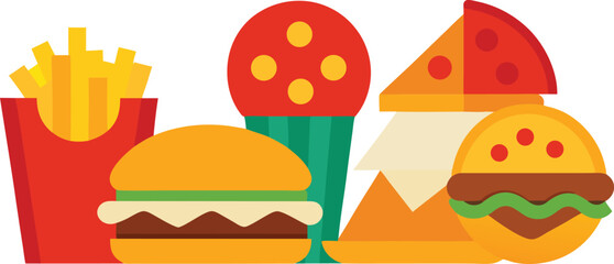 Vector illustration of a fast food meal bundle with pizza burgers and fries