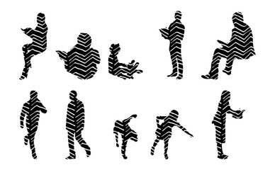 Vector illustration, Outline silhouettes of people, Contour drawing, people silhouette, Icon Set Isolated , Silhouette of sitting people, Architectural set