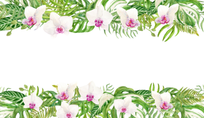 Horizontal template for text made of white orchid with pink core and monstera leaves. Watercolor banner tropical flower for wedding invitations and cruise party. Phalaenopsis, botanical illustration.