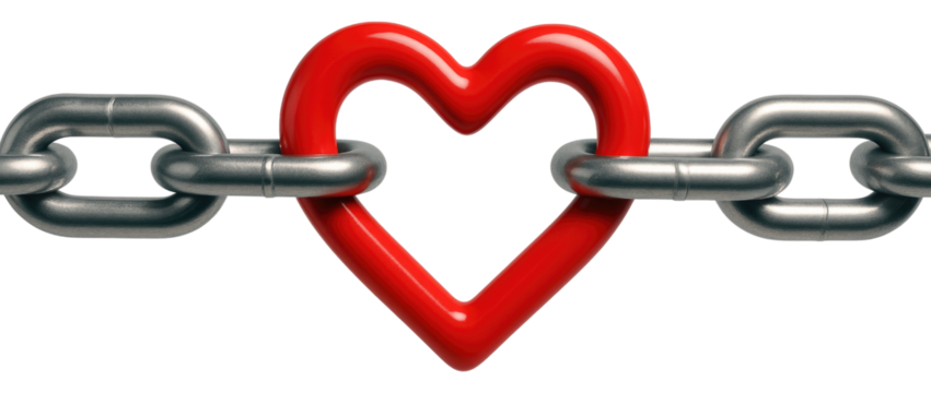 Red heart shaped link connecting two silver metal chain links on a black background isolated on a transparent background