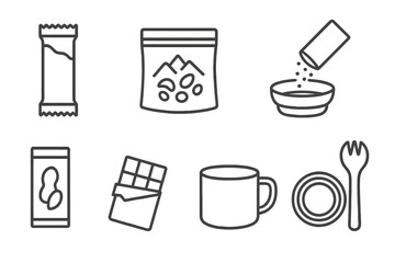 Trail Snack Icons. Line style icons of trail snacks and food: energy bar, freeze-dried meal, trail mix, powdered drink, peanut