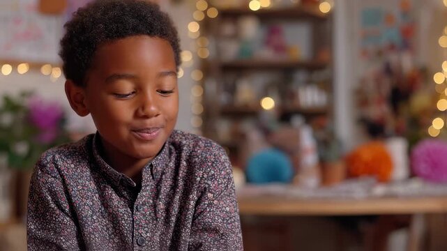 Medium shot featuring a lively storytelling session where the childs joyful face is in sharp focus against a backdrop of blurred storybook illustrations and animated decor.