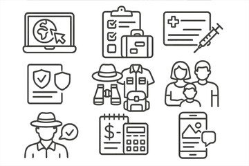 Safari Preparation Icons. Line style icons of safari preparation: online booking, packing list, vaccination card, travel insurance
