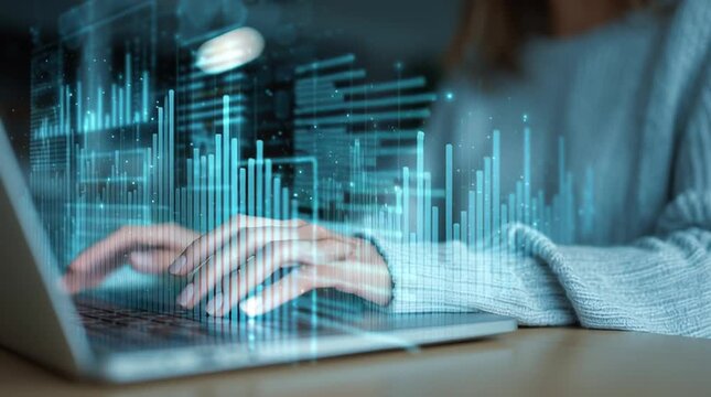 Close up of woman typing on laptop with holographic digital graphs and analytics charts, modern data analysis and futuristic technology concept - Powered by Adobe