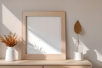 Blank photo frame on wall in minimal autumn room