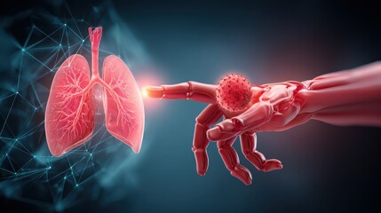 Robot hand touches lungs in medical technology visualization