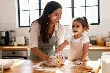 Mother and daughter baking cookies together in sunny kitchen, Family cooking and bonding concept