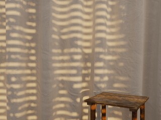 Minimalist Product display table with blinds shadow on sheer curtain background in warm sunlight.