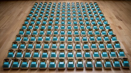 Multiple blister packs arranged in neat rows on a surface
