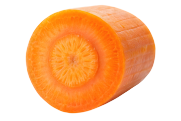 Close up of a fresh orange carrot slice showing its circular cross section with core and rings isolated on transparent background