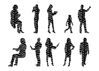 Vector illustration, Outline silhouettes of people, Contour drawing, people silhouette, Icon Set Isolated , Silhouette of sitting people, Architectural set
