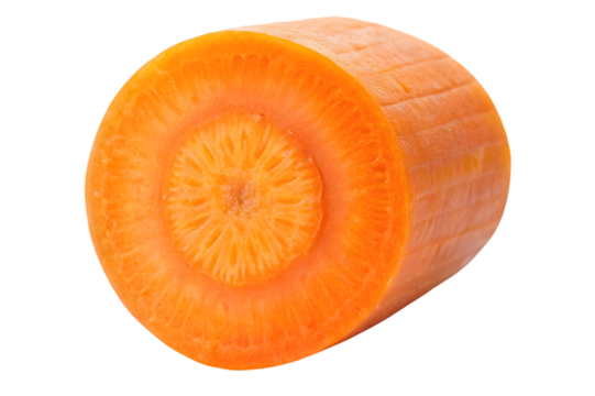 Close up of a fresh orange carrot slice showing its circular cross section with core and rings isolated on transparent background