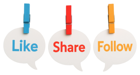Three white speech bubbles with words Like Share Follow hanging on a string with colorful clothespins isolated on a transparent background