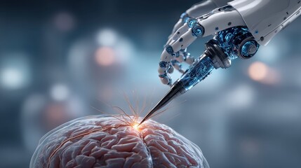 Robotic arm performing brain surgery with advanced AI assistance