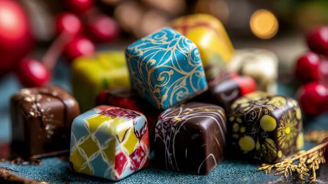 Seasonal chocolates wrapped in festive colors arranged with soft focus surroundings emphasizing the vibrant designs and thematic appeal of holiday treats.