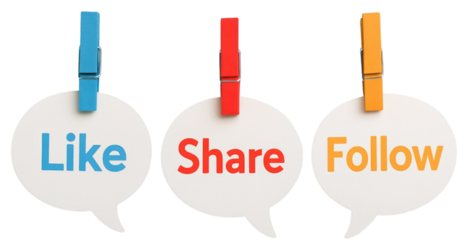Three white speech bubbles with words Like Share Follow hanging on a string with colorful clothespins isolated on a transparent background