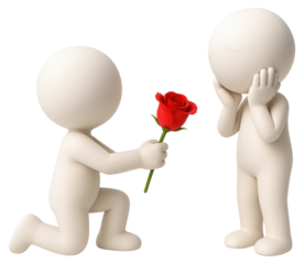 White 3D figures, one kneeling with a red rose, the other surprised person woman isolated on a transparent background