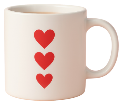 White Coffee Mug with Three Red Hearts and Tea on White Background hot drink isolated on a transparent background