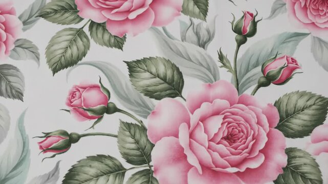 Elegant Pink Rose Floral Pattern - A gentle and elegant floral design featuring a repeating pattern of pink roses and green leaves on a white background.
