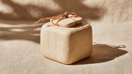 Offwhite Perfume Box with Lid and Brown String on a Soft Background
