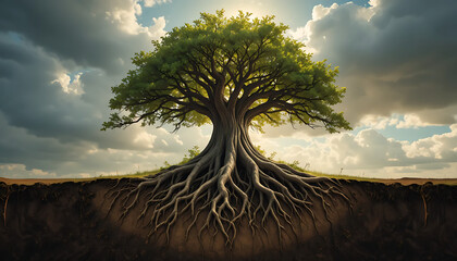 Tree Cross-Section with Exposed Roots and Dramatic Sky