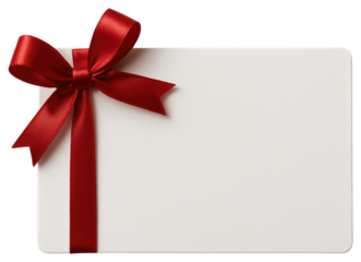 White Gift Card with Red Satin Ribbon Bow and Copy Space blank red ribbon isolated on a transparent background