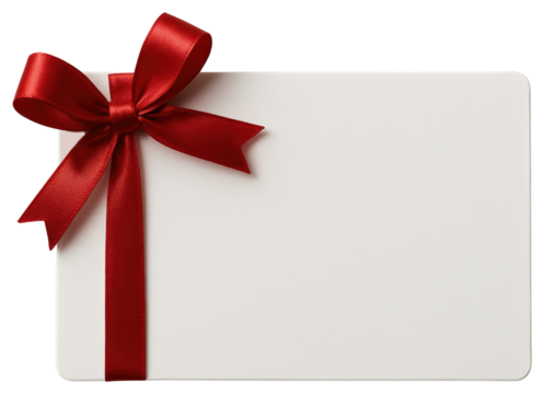 White Gift Card with Red Satin Ribbon Bow and Copy Space blank red ribbon isolated on a transparent background