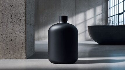 Opaque black bottle against a minimalist grey backdrop