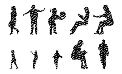 Vector illustration, Outline silhouettes of people, Contour drawing, people silhouette, Icon Set Isolated , Silhouette of sitting people, Architectural set