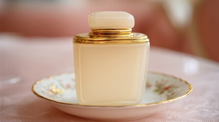 Opaque cream perfume bottle on floral patterned plate close up