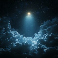 Bright star shining through dark clouds in night sky  high resolution   for isolate image