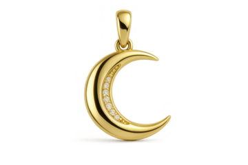 Golden crescent moon pendant with diamonds isolated on transparent background