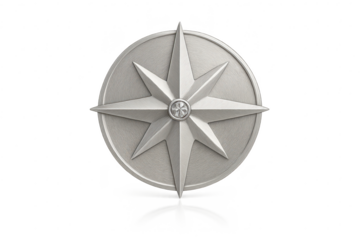 Metallic silver compass rose emblem isolated on transparent background