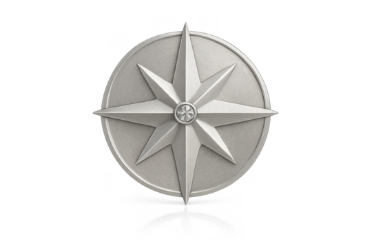 Metallic silver compass rose emblem isolated on transparent background - Powered by Adobe