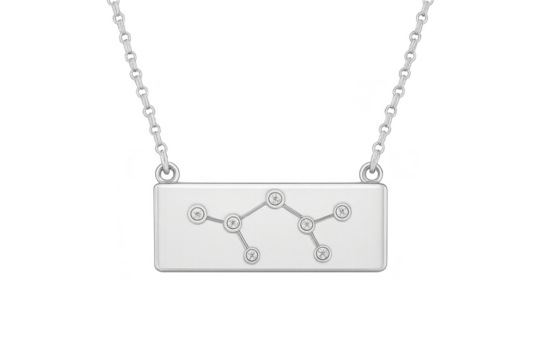 Silver constellation necklace with gems, isolated, transparent background.