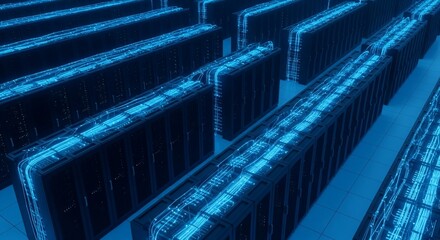 Vibrant glowing blue data cables flow through a futuristic server room filled with rows of modern data racks, representing high-speed digital connections and advanced technology.