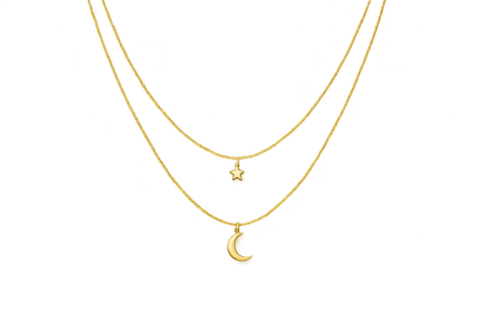 Golden layered necklace, star and moon charms, isolated on transparent.
