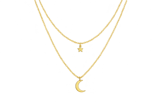 Gold layered necklace, star and moon pendants, isolated on transparent. - Powered by Adobe