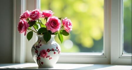 A vase filled with pink roses sits on a windowsill with bright sunlight outside.