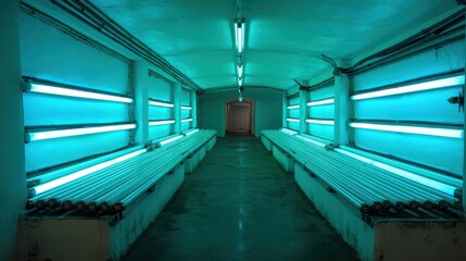 Obraz premium Tunnel-like Interior Space Illuminated by Linear Fluorescent Lights